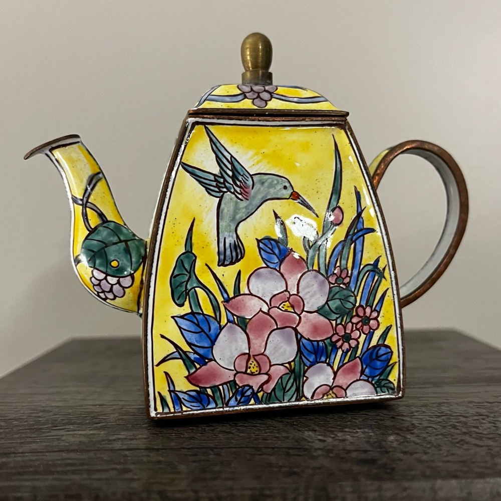 Vintage enameled miniature teapot with hummingbird design